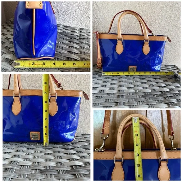 Dooney & Bourke Patent Leather Small Zip Satchel Electric Blue & Tan Trim - Picture 4 of 16